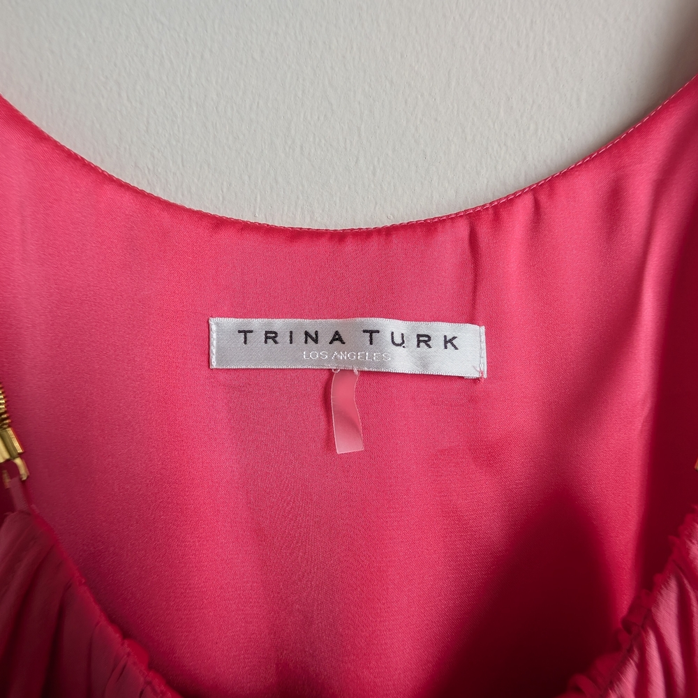 Trina Turk Blue Lagoon Maxi Dress Bright Pink Gold Straps 100% silk Sz 10 - Picture 4 of 6